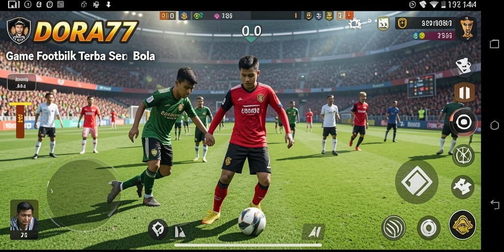 Tangkapan layar DORA77 menampilkan aksi seru di lapangan sepak bola.